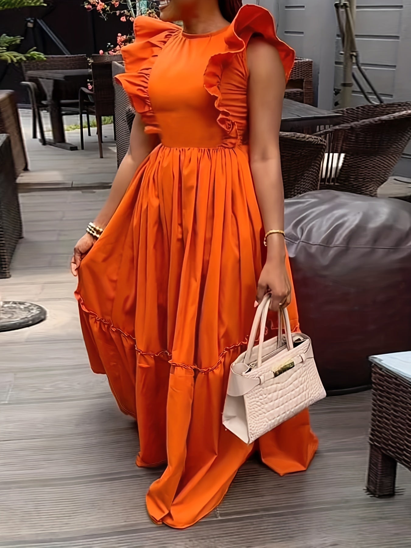 Women's Solid Color Round Neck Ruffled Sleeve A - Line Dress - Gems Ensumbles