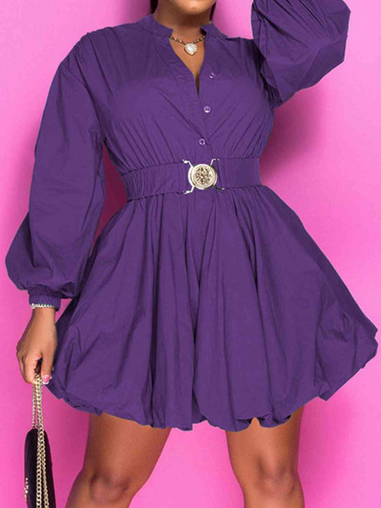 Notched Button Up Balloon Sleeves Dress - Gems Ensumbles 