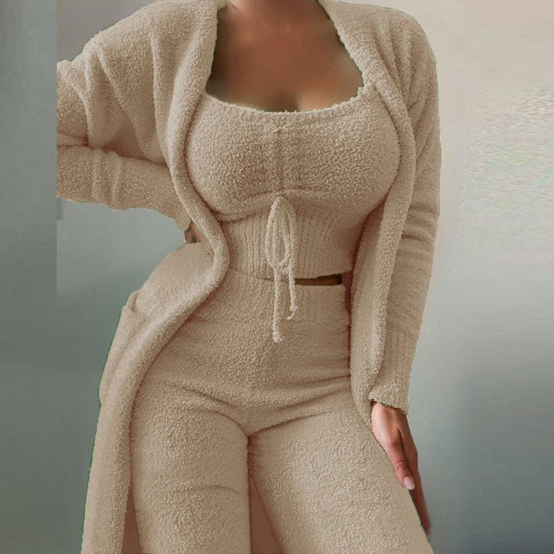 Women Elegant Fleece Soft 3 Piece Suit Fashion Square Collar Drawstring Tops+Long Cardigan Set