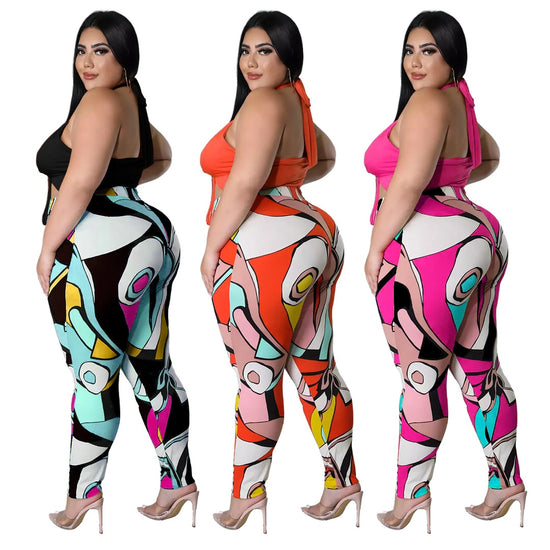 Women  Sexy Lace Up Top Print Sweatpants Hollow Out Plus Size Two Piece Sets - Gems Ensumbles 
