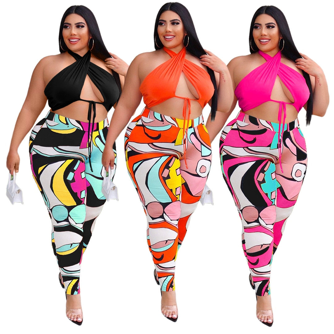 Women  Sexy Lace Up Top Print Sweatpants Hollow Out Plus Size Two Piece Sets - Gems Ensumbles 