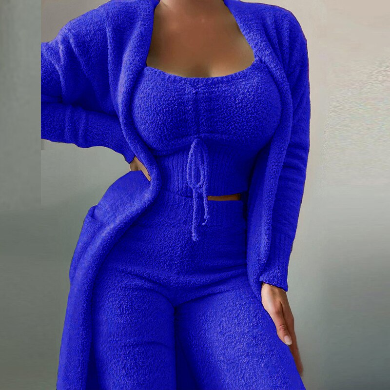 Women Elegant Fleece Soft 3 Piece Suit Fashion Square Collar Drawstring Tops+Long Cardigan Outfits Casual Pajamas Solid Set
