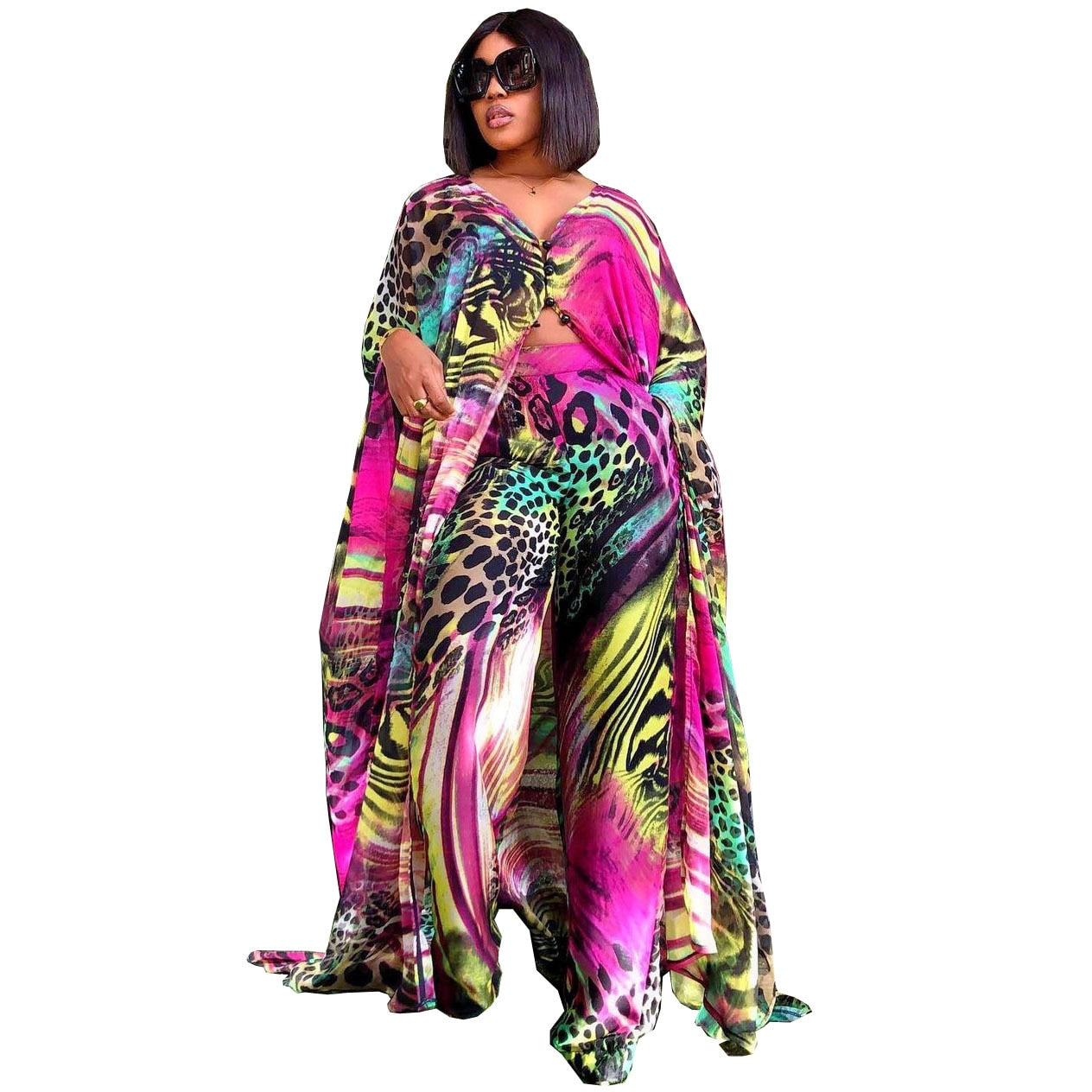 Load image into Gallery viewer, Women 2pcs  Printed Irregular Tops Bawting Sleeve Pants Suits|
