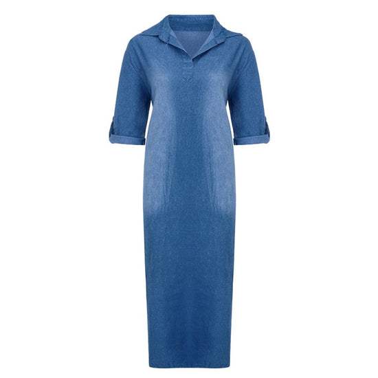 Women Vintage V Neck Half Sleeve Side Slitting Hem Loose Long Denim Dress.