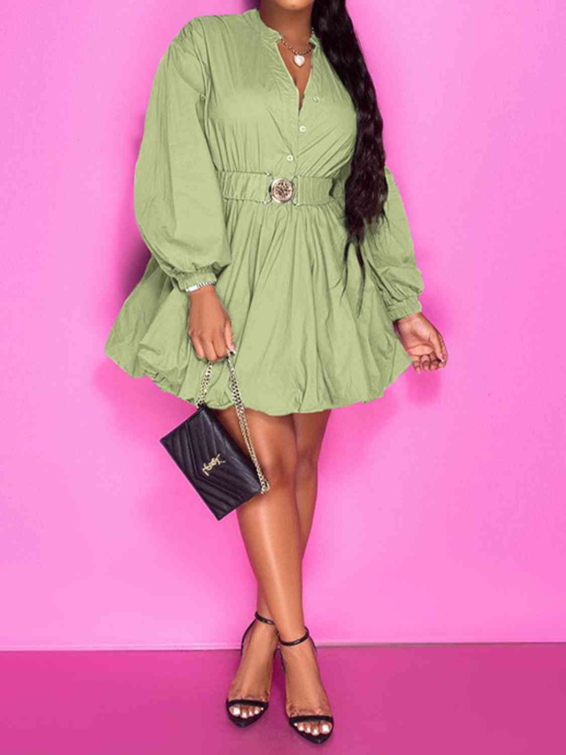 Notched Button Up Balloon Sleeves Dress - Gems Ensumbles 