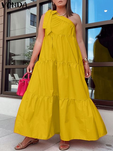 Women One Shoulder Dress Sundress Pleated Party Long Maxi Dresses Casual