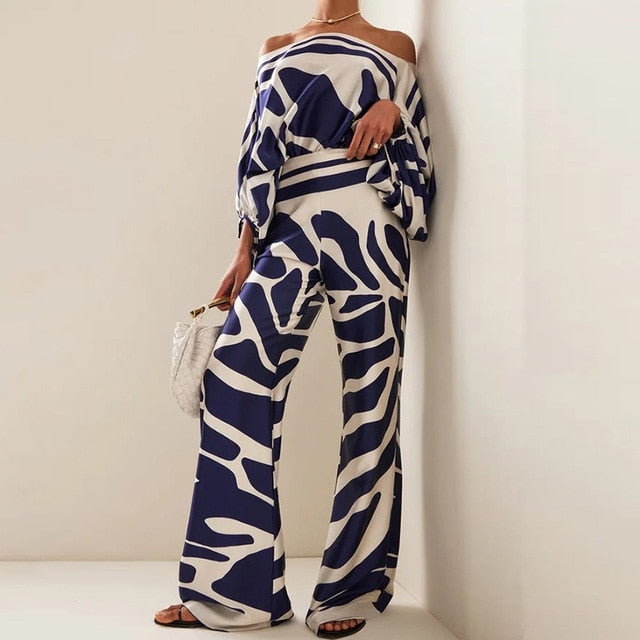 Women Casual Satin Commuting Suit Fashion Hollow Off Shoulder Tops With Long Pants loose Print - Pant Sets