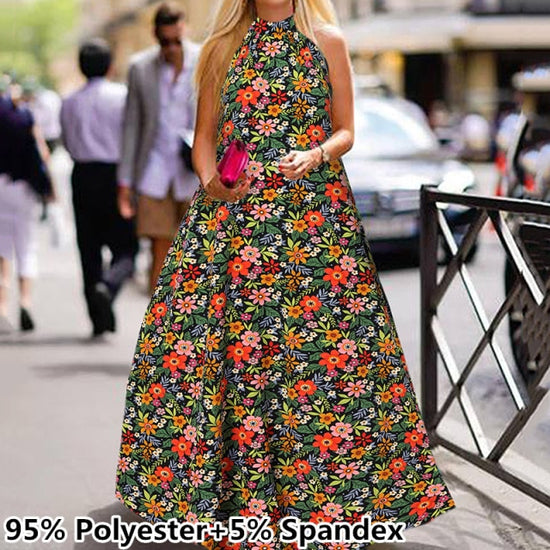 Women Maxi Long Dress Celmia Floral Print Halter Sleeveless Loose Vintage Style.