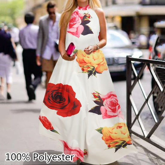 Women Maxi Long Dress Celmia Floral Print Halter Sleeveless Loose Vintage Style.